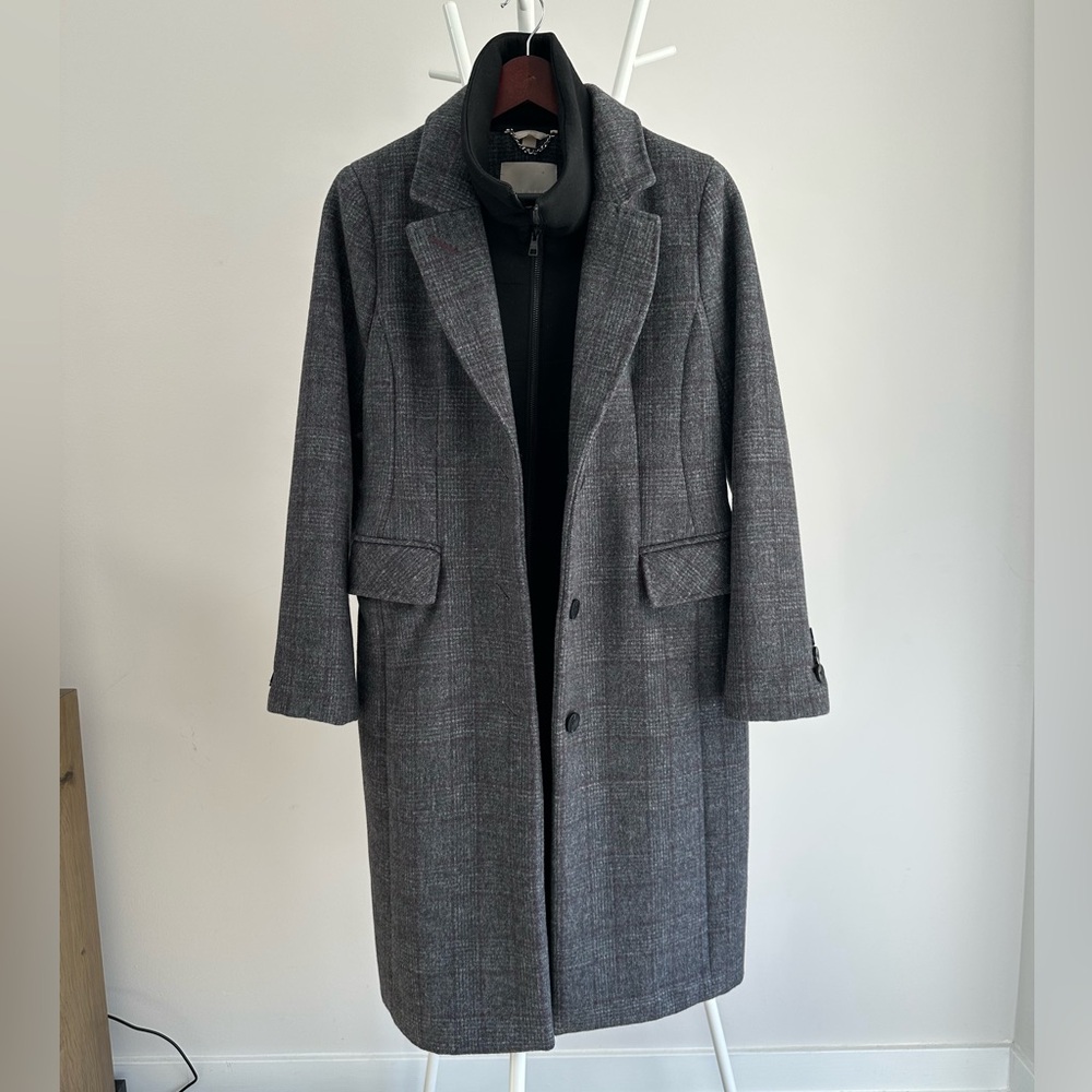 Soia & Kyo Gorgeous Charcoal Plaid Wool Coat w/Removable Bib